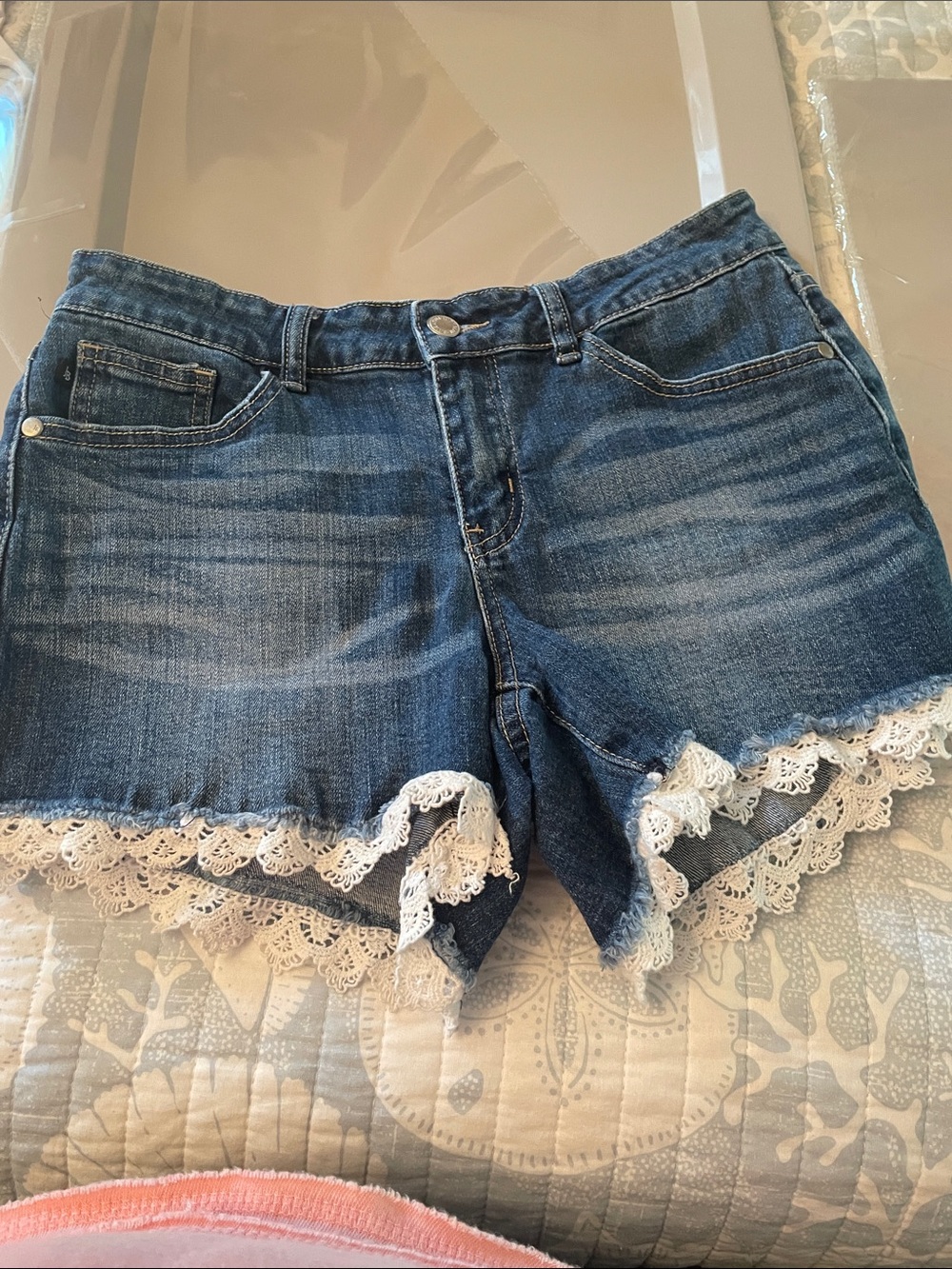 Judy Blue Dark Blue Denim Shorts with White Lace Trim - Picture 7 of 11